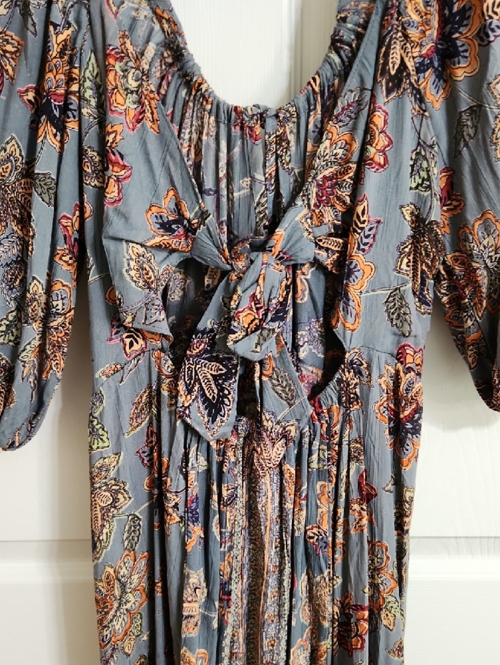 Floral Puff-Sleeve Maxi Dress in Slate Blue
